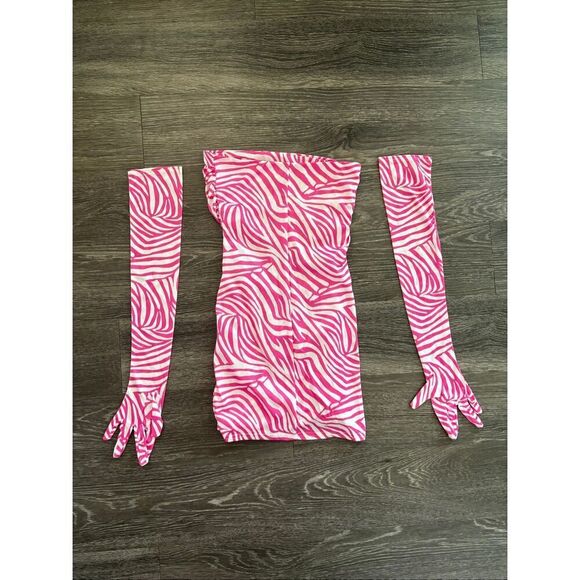 NWOT Miscreants Pink & White Zebra Cupid Mini Dress With Gloves Size US 2 / UK 6 - Picture 3 of 4
